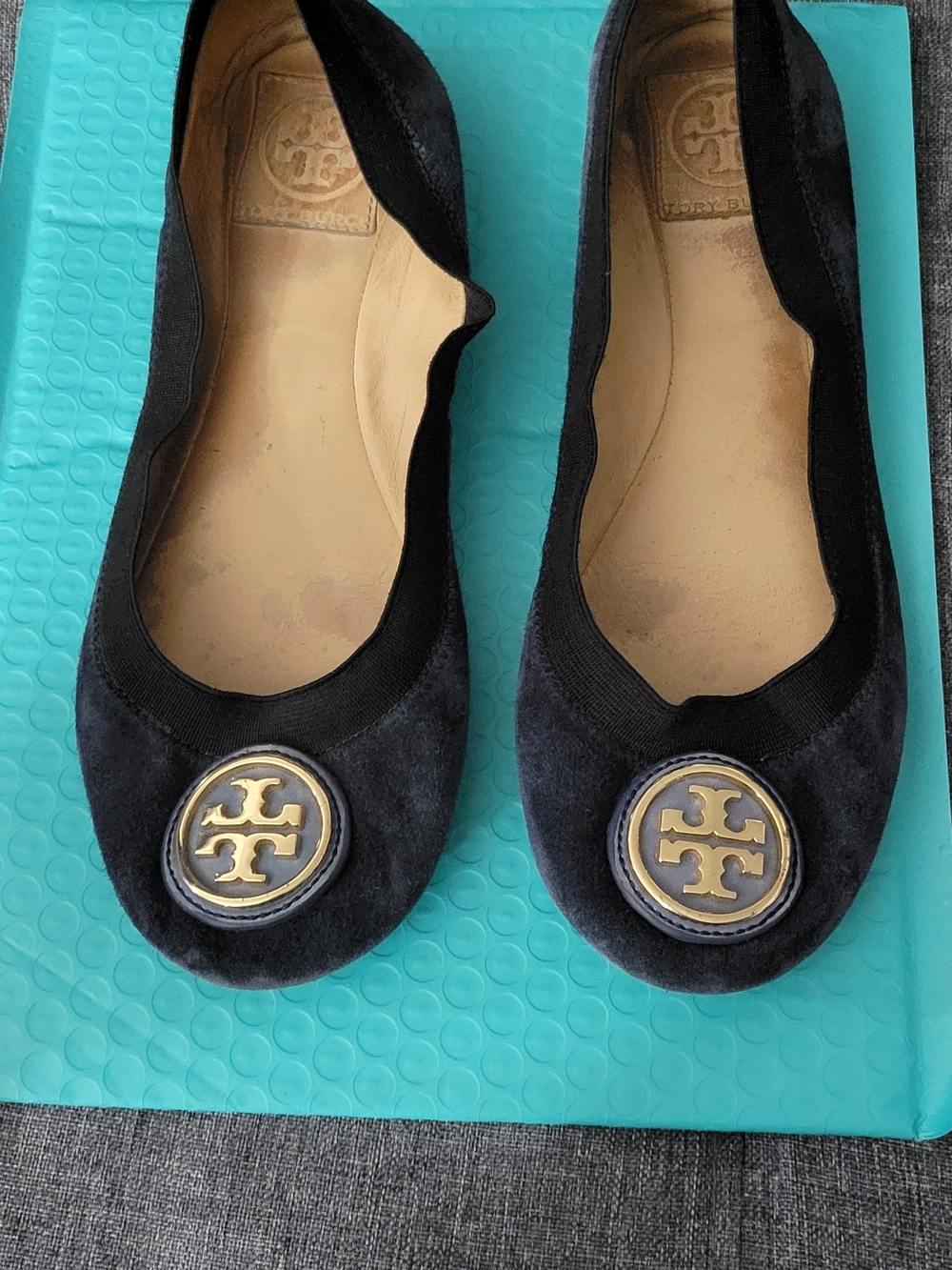 Tory Burch Navy Suede Ballet Flats with Logo Medallion